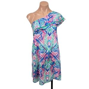 Oliphant One Shoulder Ikat Print Cotton Mini Dress Pink Blue Green Medium